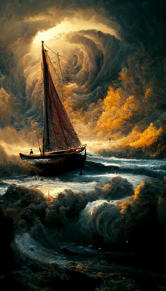 魔幻天空与巨浪中的帆船