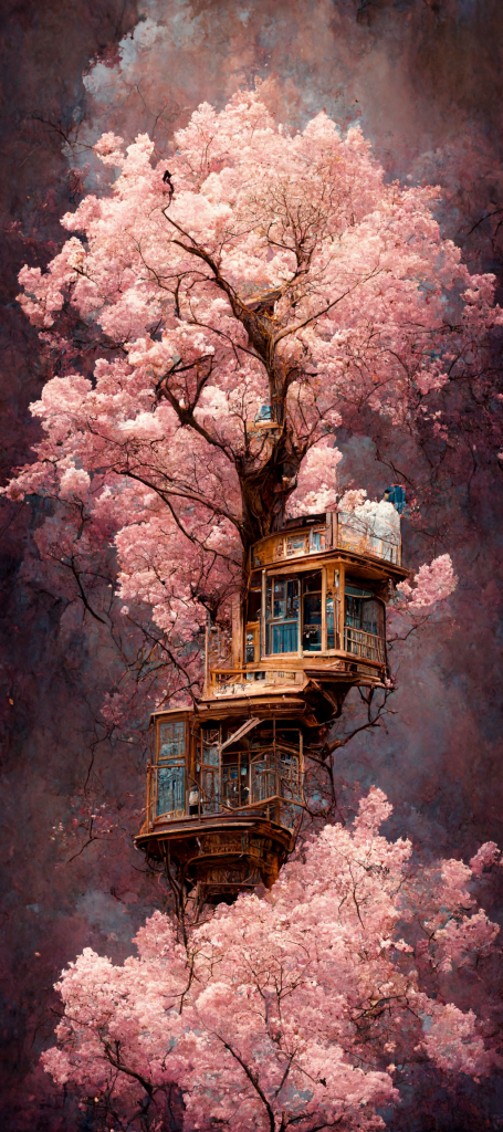 粉红樱花树中的树屋